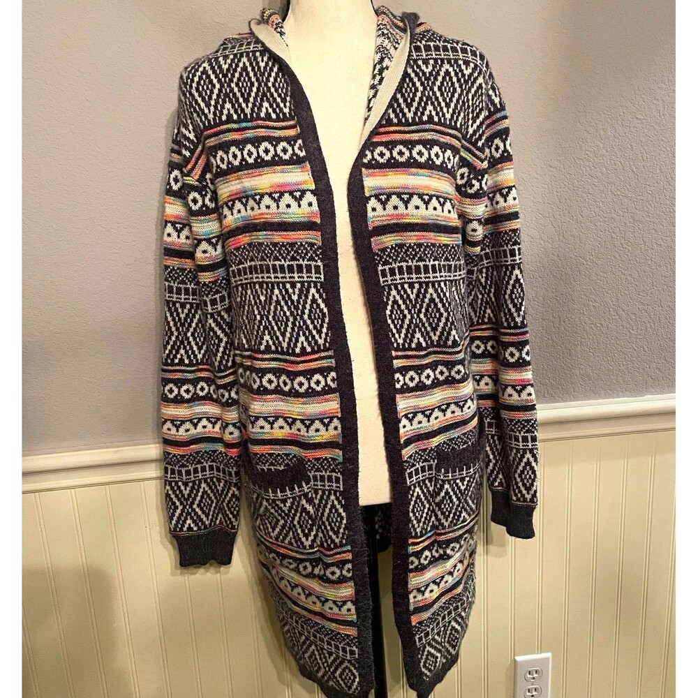 MONTEAU Los Angeles Boho Aztec Hooded Duster Cardigan Sweater Rainbow Artsy L